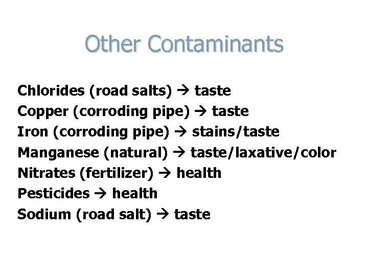 Other Contaminants Chlorides (road salts) taste Copper (corroding pipe) taste Iron (corroding pipe) stains/taste