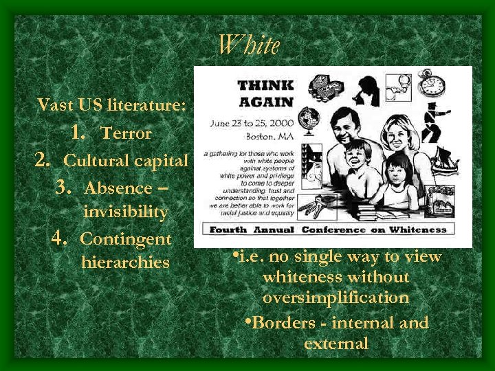 White Vast US literature: 1. Terror 2. Cultural capital 3. Absence – invisibility 4.