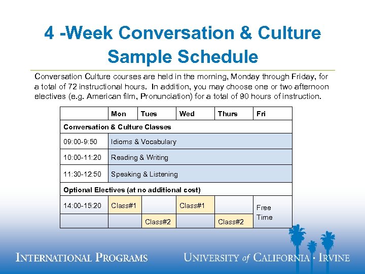 4 -Week Conversation & Culture Sample Schedule Conversation Culture courses are held in the
