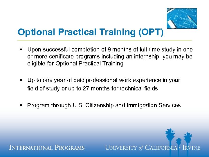 Optional Practical Training (OPT) § Upon successful completion of 9 months of full-time study
