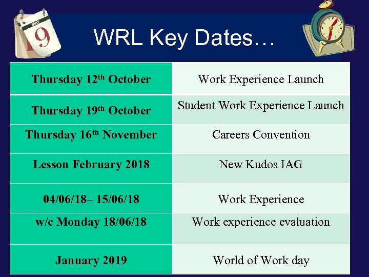 WRL Key Dates… Thursday 12 th October Work Experience Launch Thursday 19 th October