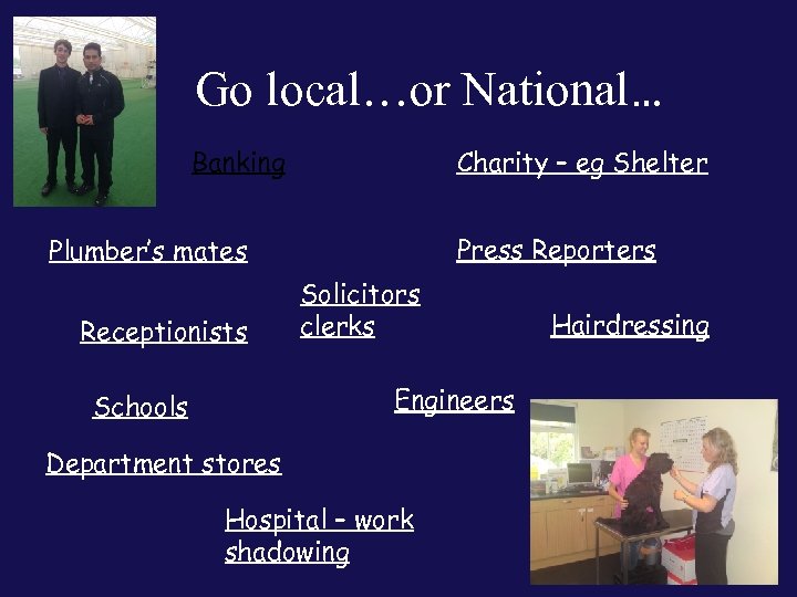 Go local…or National… Banking Charity – eg Shelter Press Reporters Plumber’s mates Receptionists Solicitors