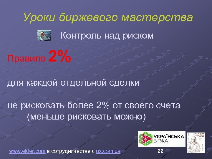 Уроки биржевого мастерства Контроль над риском 2% Правило для каждой отдельной сделки не рисковать