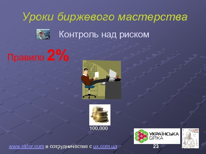 Уроки биржевого мастерства Контроль над риском 2% Правило 100, 000 www. elder. com в