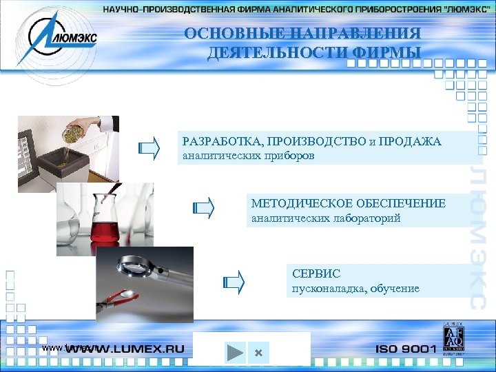 ОСНОВНЫЕ НАПРАВЛЕНИЯ ДЕЯТЕЛЬНОСТИ ФИРМЫ РАЗРАБОТКА, ПРОИЗВОДСТВО и ПРОДАЖА аналитических приборов МЕТОДИЧЕСКОЕ ОБЕСПЕЧЕНИЕ аналитических лабораторий