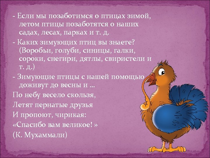 - Если мы позаботимся о птицах зимой, летом птицы позаботятся о наших садах, лесах,