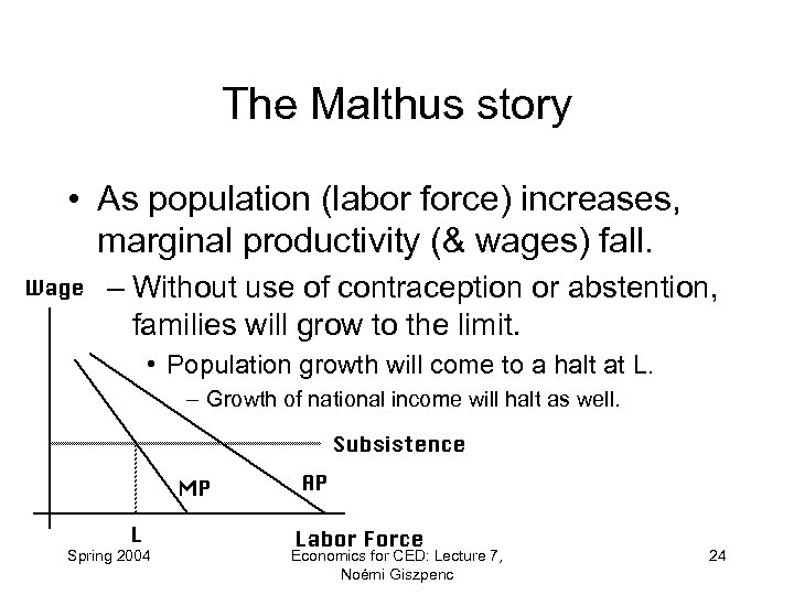 The Malthus story • As population (labor force) increases, marginal productivity (& wages) fall.