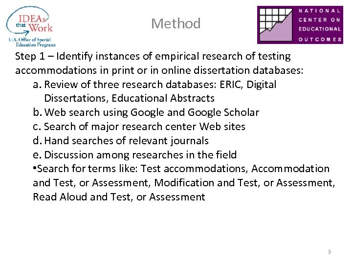 Method Step 1 – Identify instances of empirical research of testing accommodations in print