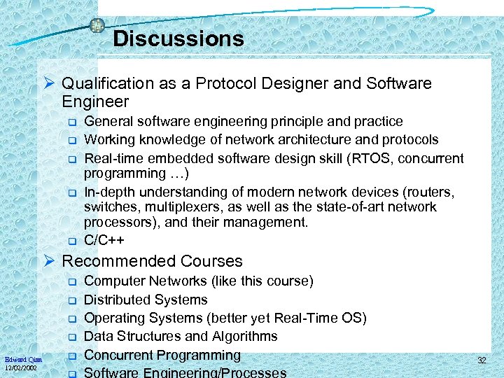 Discussions Ø Qualification as a Protocol Designer and Software Engineer q q q General