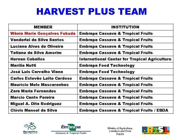 HARVEST PLUS TEAM MEMBER INSTITUTION Wânia Maria Gonçalves Fukuda Embrapa Cassava & Tropical Fruits