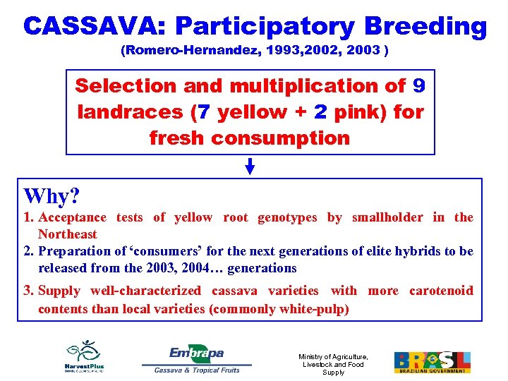 CASSAVA: Participatory Breeding (Romero-Hernandez, 1993, 2002, 2003 ) Selection and multiplication of 9 landraces
