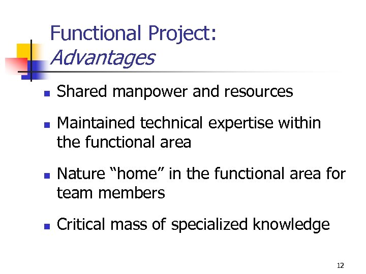 Functional Project: Advantages n n Shared manpower and resources Maintained technical expertise within the