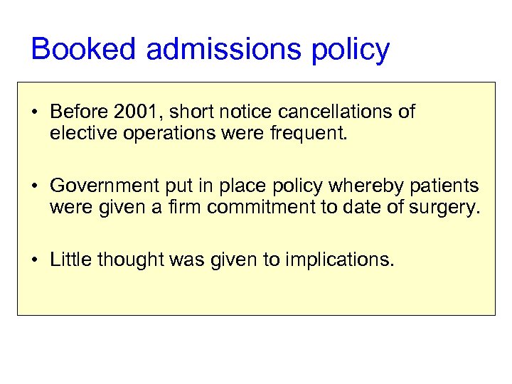 Booked admissions policy • Before 2001, short notice cancellations of elective operations were frequent.