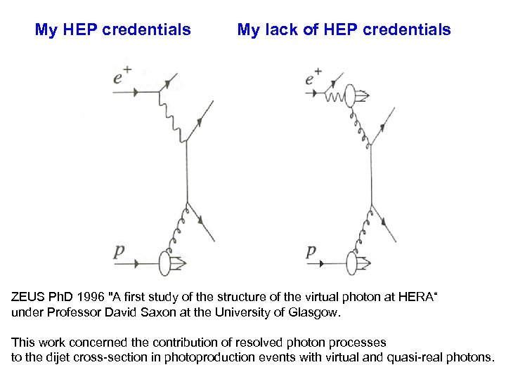 My HEP credentials My lack of HEP credentials ZEUS Ph. D 1996 