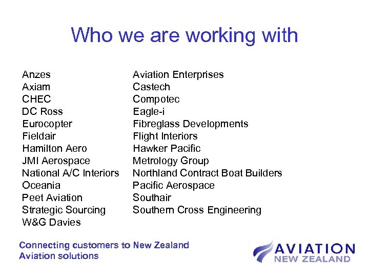 Who we are working with Anzes Axiam CHEC DC Ross Eurocopter Fieldair Hamilton Aero