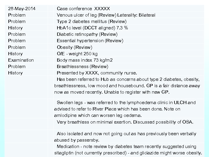  28 -May-2014 Problem History Problem History Examination Problem History Swollen legs - was