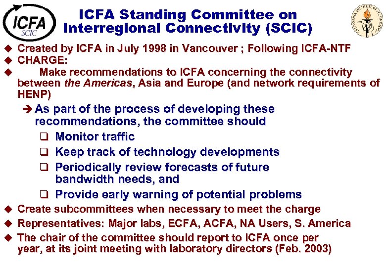 ICFA Standing Committee on Interregional Connectivity (SCIC) u Created by ICFA in July 1998