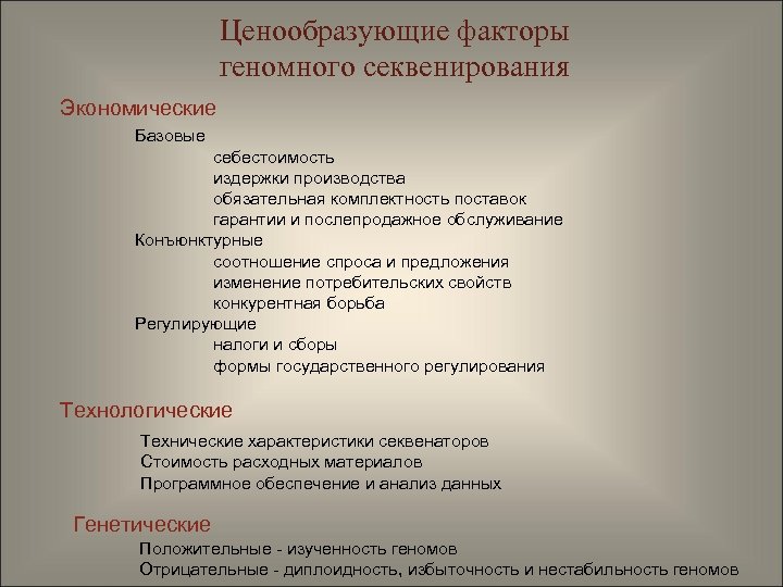 Ценообразующие факторы геномного секвенирования Экономические Базовые себестоимость издержки производства обязательная комплектность поставок гарантии и