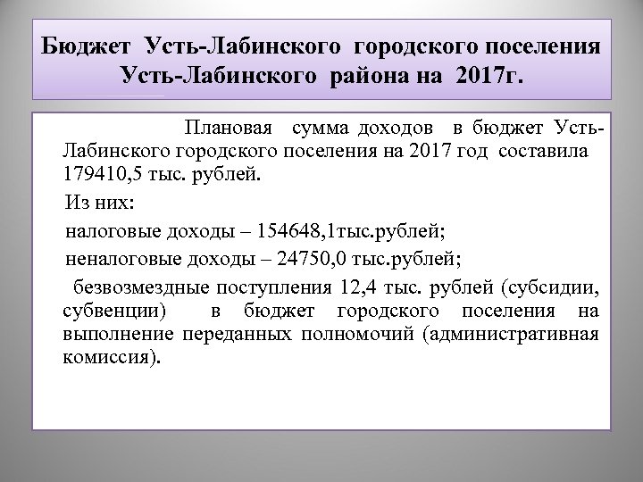 Бюджет Усть-Лабинского городского поселения Усть-Лабинского района на 2017 г. Плановая сумма доходов в бюджет