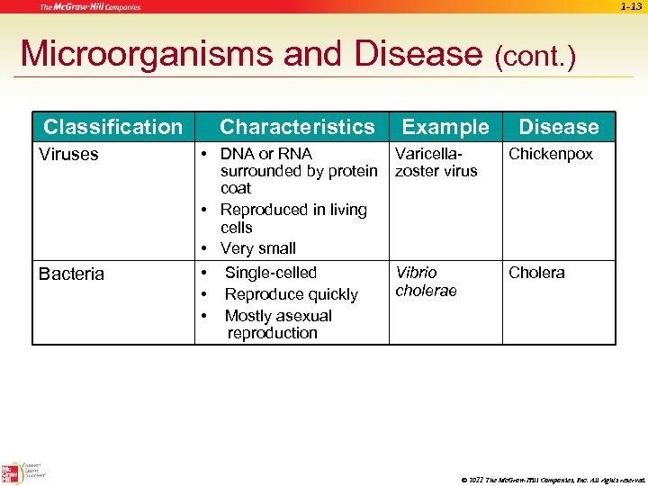 1 -13 Microorganisms and Disease (cont. ) Classification Viruses Bacteria Characteristics • DNA or