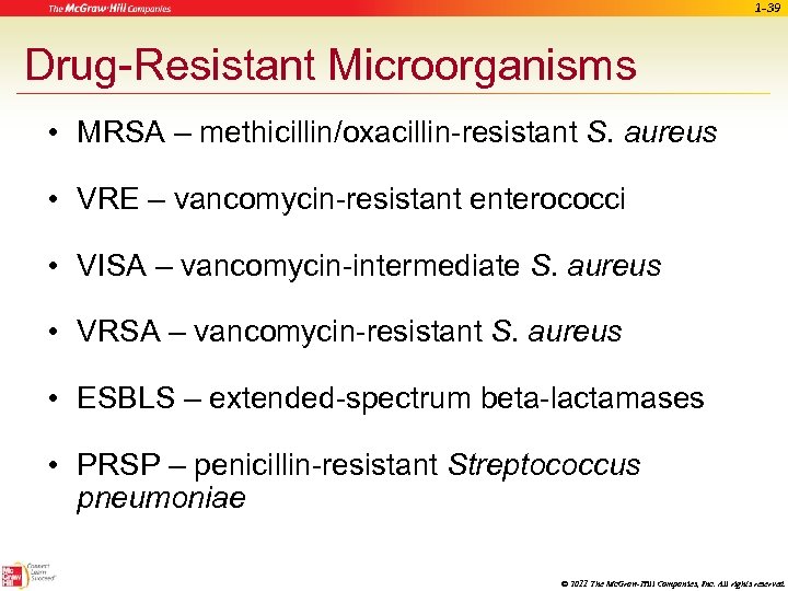 1 -39 Drug-Resistant Microorganisms • MRSA – methicillin/oxacillin-resistant S. aureus • VRE – vancomycin-resistant