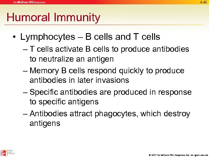 1 -52 Humoral Immunity • Lymphocytes – B cells and T cells – T