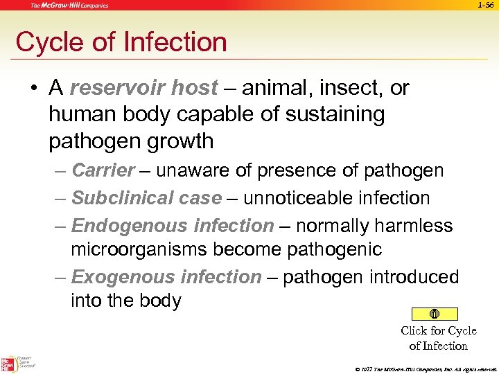1 -56 Cycle of Infection • A reservoir host – animal, insect, or human
