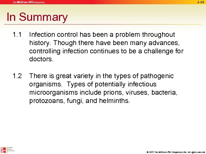 1 -65 In Summary 1. 1 Infection control has been a problem throughout history.