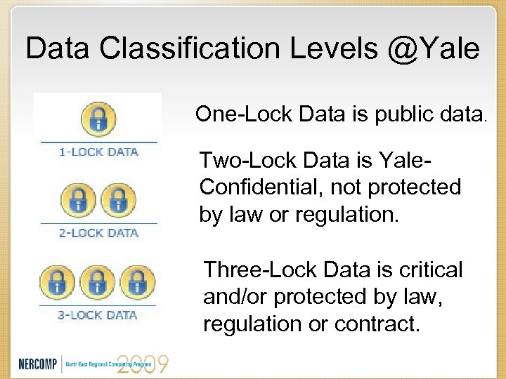 Data Classification Levels @Yale One-Lock Data is public data. Two-Lock Data is Yale. Confidential,