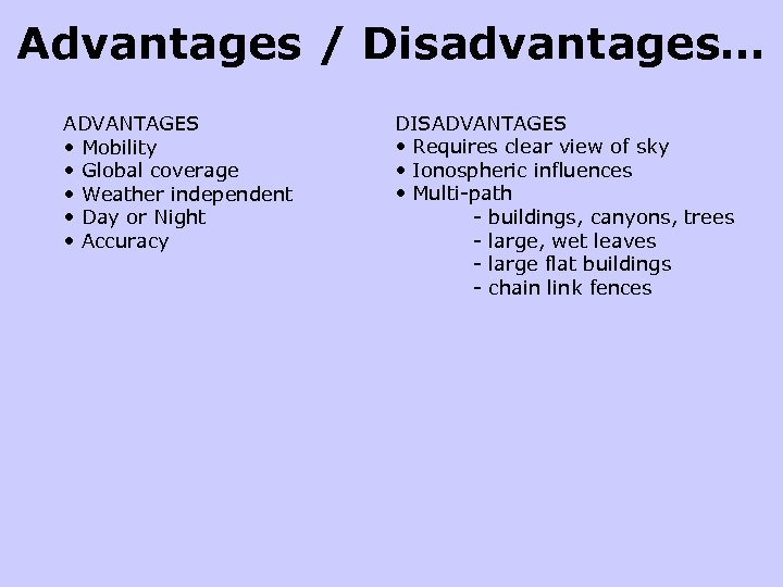 Advantages / Disadvantages… ADVANTAGES • Mobility • Global coverage • Weather independent • Day