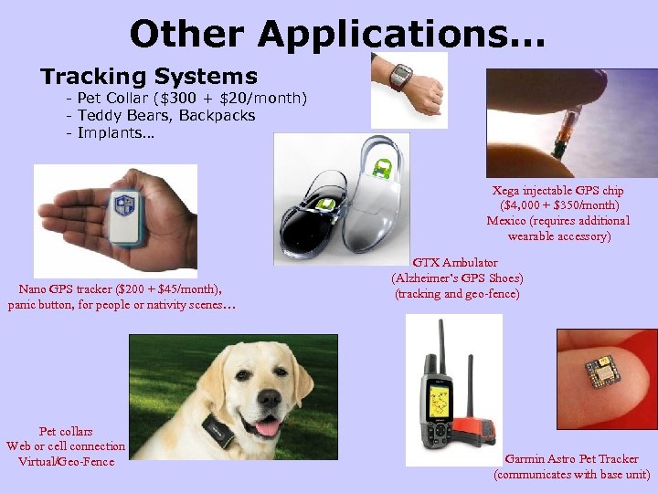 Other Applications… Tracking Systems - Pet Collar ($300 + $20/month) - Teddy Bears, Backpacks