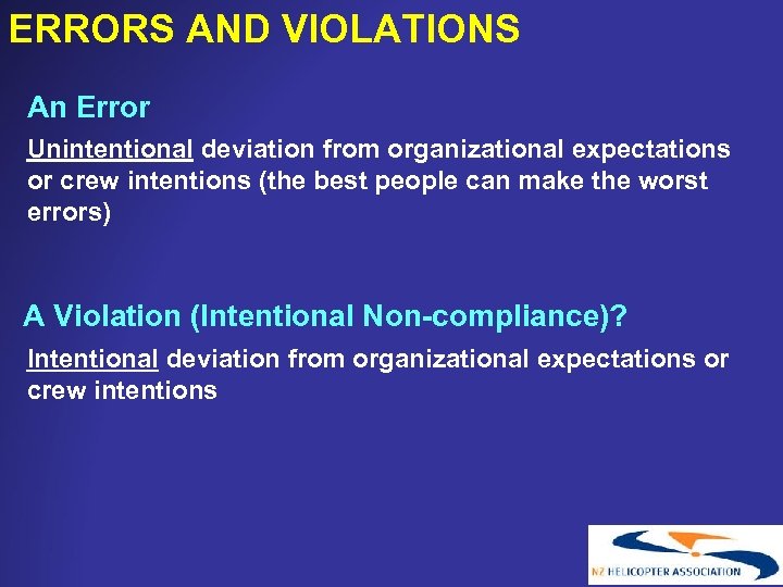 ERRORS AND VIOLATIONS An Error Unintentional deviation from organizational expectations or crew intentions (the