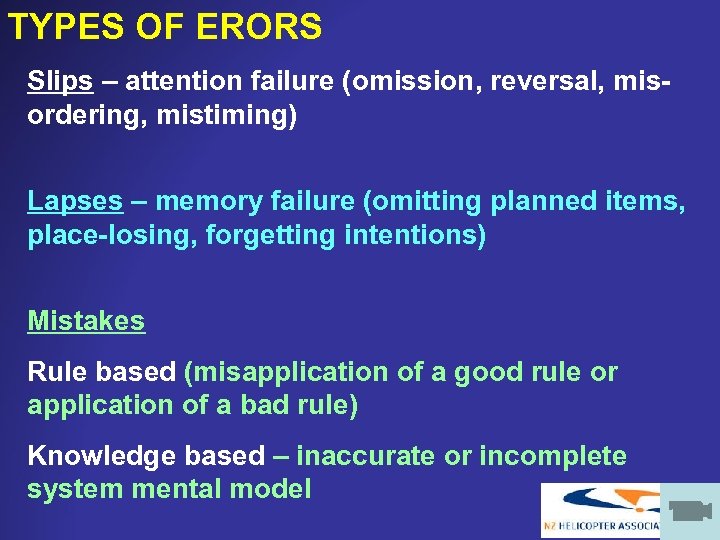 TYPES OF ERORS Slips – attention failure (omission, reversal, misordering, mistiming) Lapses – memory