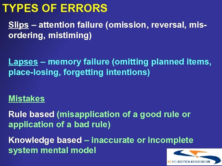 TYPES OF ERRORS Slips – attention failure (omission, reversal, misordering, mistiming) Lapses – memory