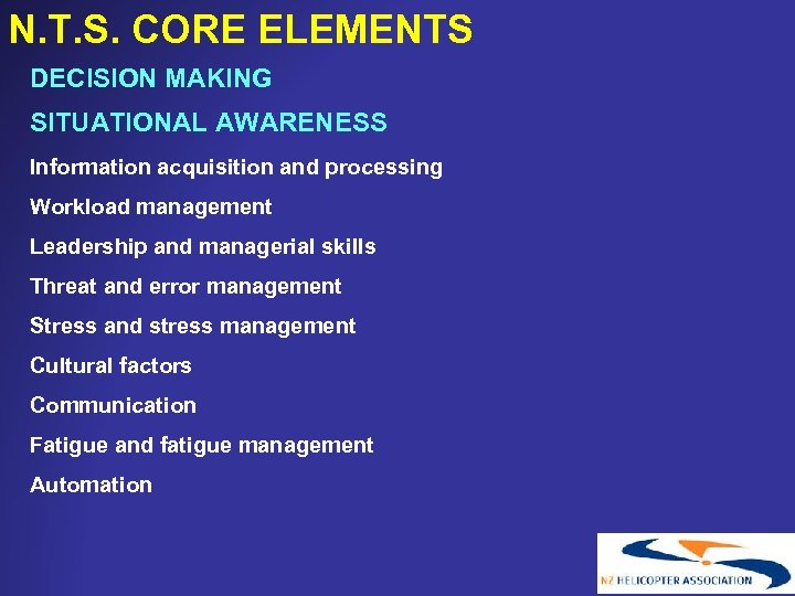 N. T. S. CORE ELEMENTS DECISION MAKING SITUATIONAL AWARENESS Information acquisition and processing Workload