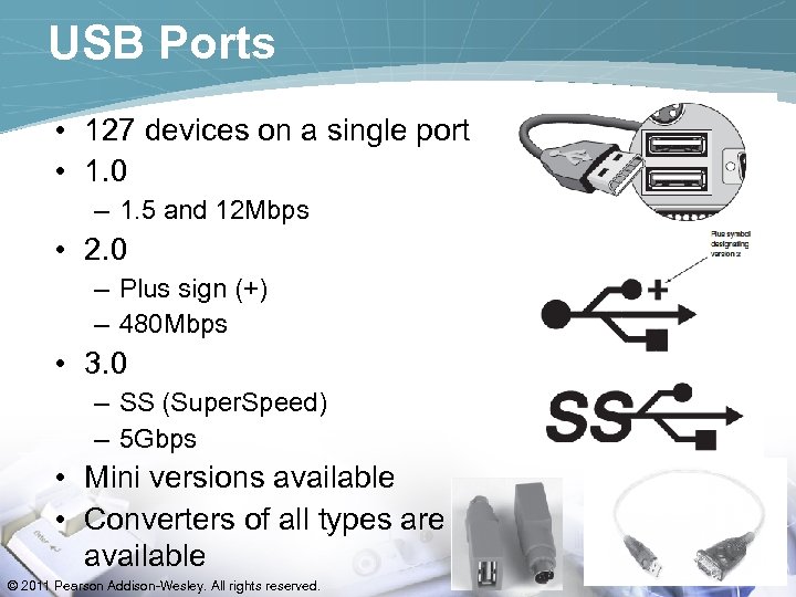 USB Ports • 127 devices on a single port • 1. 0 – 1.