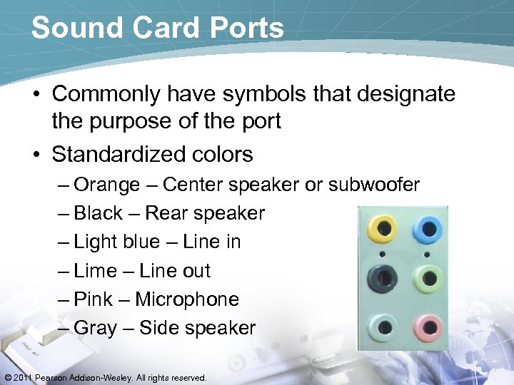 Sound Card Ports • Commonly have symbols that designate the purpose of the port