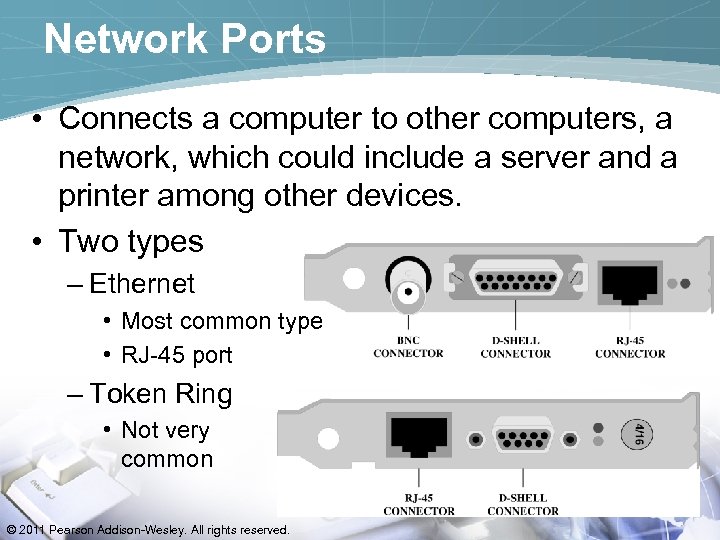 Network Ports • Connects a computer to other computers, a network, which could include