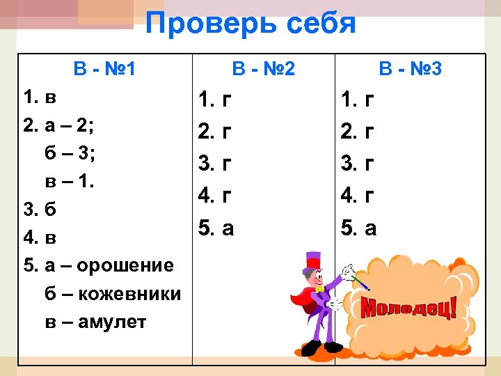 Проверь себя В - № 1 1. в 2. а – 2; б –
