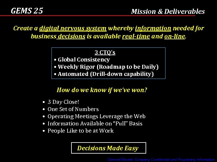 GEMS 25 Mission & Deliverables Create a digital nervous system whereby information needed for