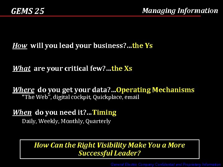 GEMS 25 Managing Information How will you lead your business? …the Ys What are