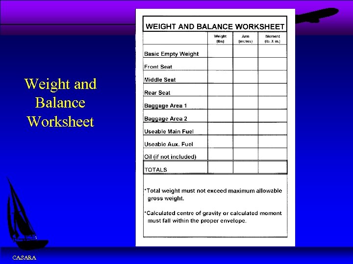 Weight and Balance Worksheet CASARA 