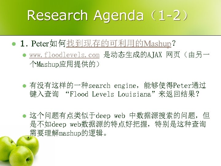 Research Agenda（1 -2） l 1. Peter如何找到现存的可利用的Mashup？ l www. floodlevels. com 是动态生成的AJAX 网页（由另一 个Mashup应用提供的） l