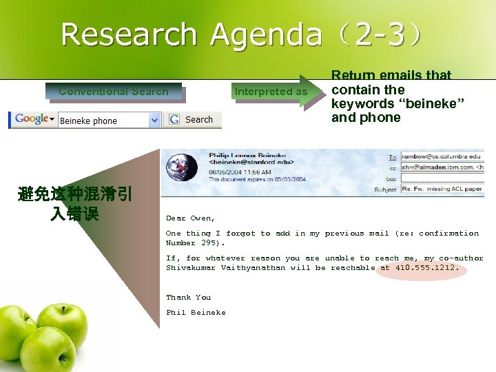 Research Agenda（2 -3） Conventional Search 避免这种混淆引 入错误 Interpreted as Return emails that contain the
