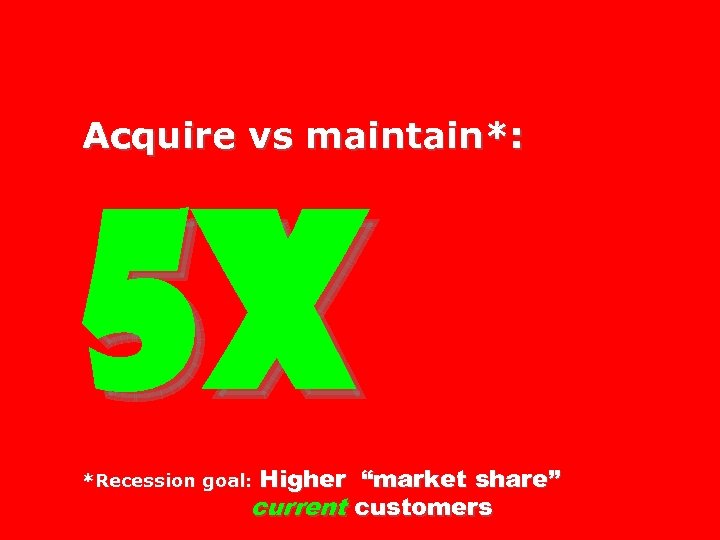 Acquire vs maintain*: 5 X Higher “market share” current customers *Recession goal: 