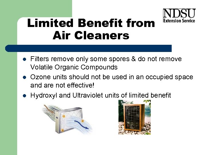 Limited Benefit from Air Cleaners l l l Filters remove only some spores &