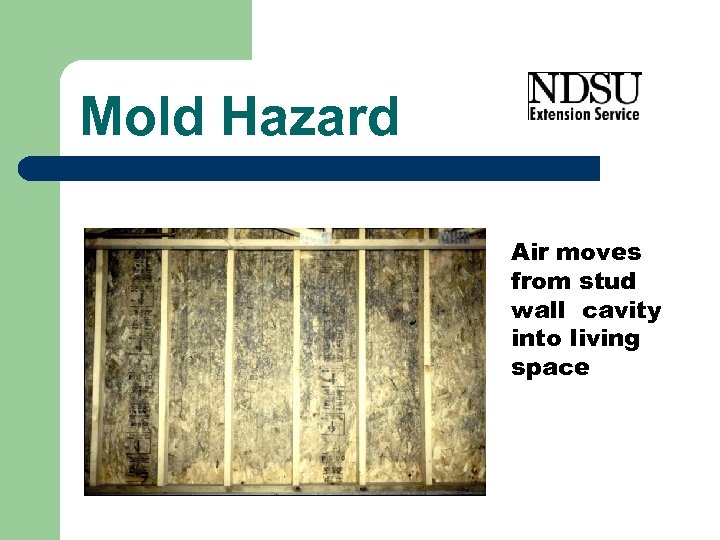Mold Hazard Air moves from stud wall cavity into living space 