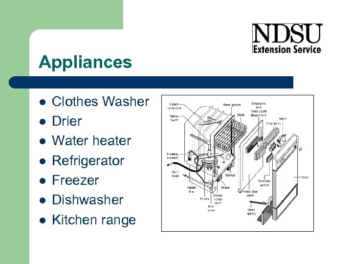 Appliances l l l l Clothes Washer Drier Water heater Refrigerator Freezer Dishwasher Kitchen