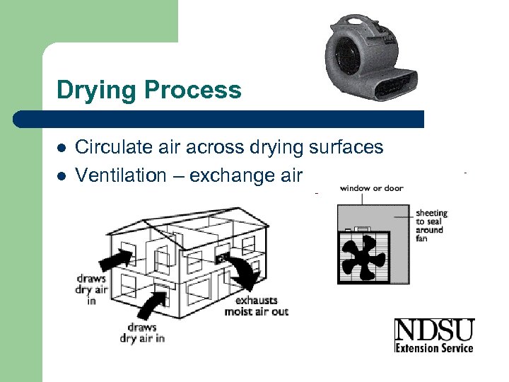 Drying Process l l Circulate air across drying surfaces Ventilation – exchange air 