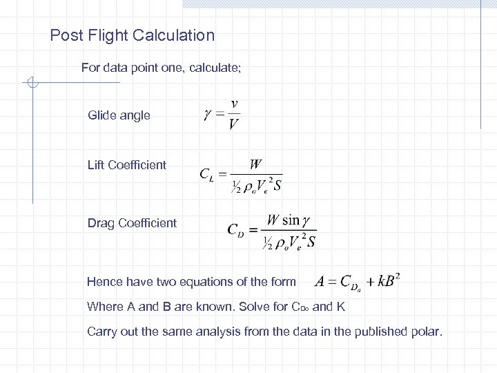 Post Flight Calculation For data point one, calculate; Glide angle Lift Coefficient Drag Coefficient